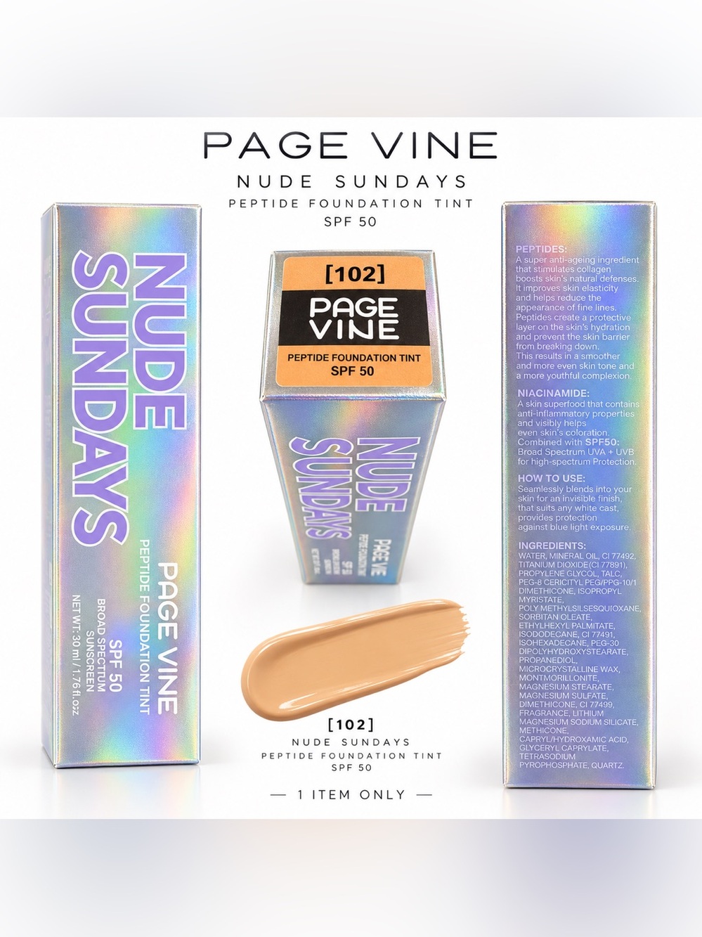 Page Vine Nude Sundays Peptide Foundation Tint SPF 50 - 102 (Warm Beige)